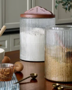 VND7004 BKG OVERSEAS Antiqued Wood Ribbed Glass Canister