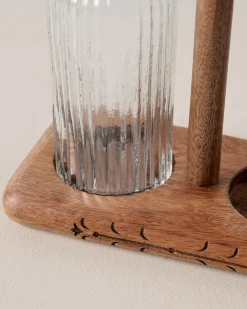 VND7004 BKG OVERSEAS Antiqued Wood Ribbed Glass Oil & Vinegar Set