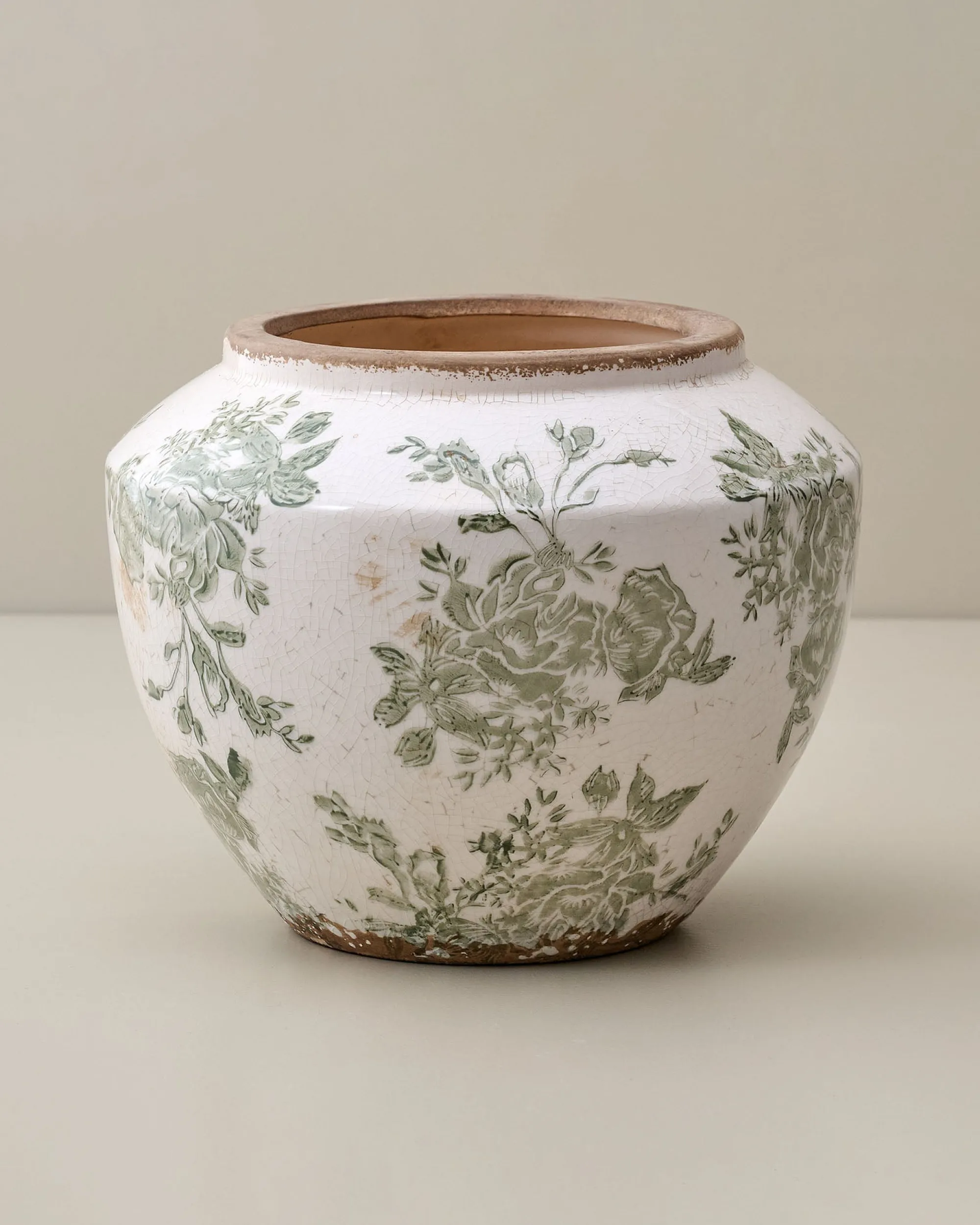 VND0078 K & K Interiors, Inc. Green and White Distressed Floral Vase