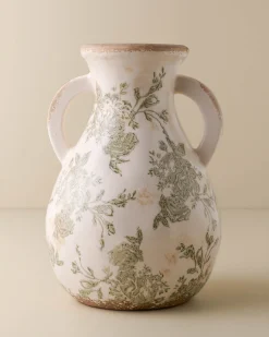 VND0078 K & K Interiors, Inc. Green and White Distressed Vase with Handle