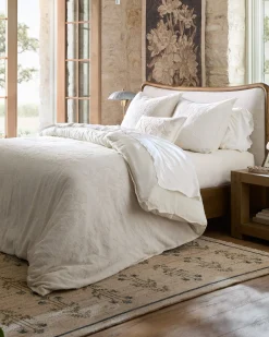 VND6200 Four Hands, LLC Kennie Upholstered Bed Frame with Carved Solid Oak and Linen Headboard