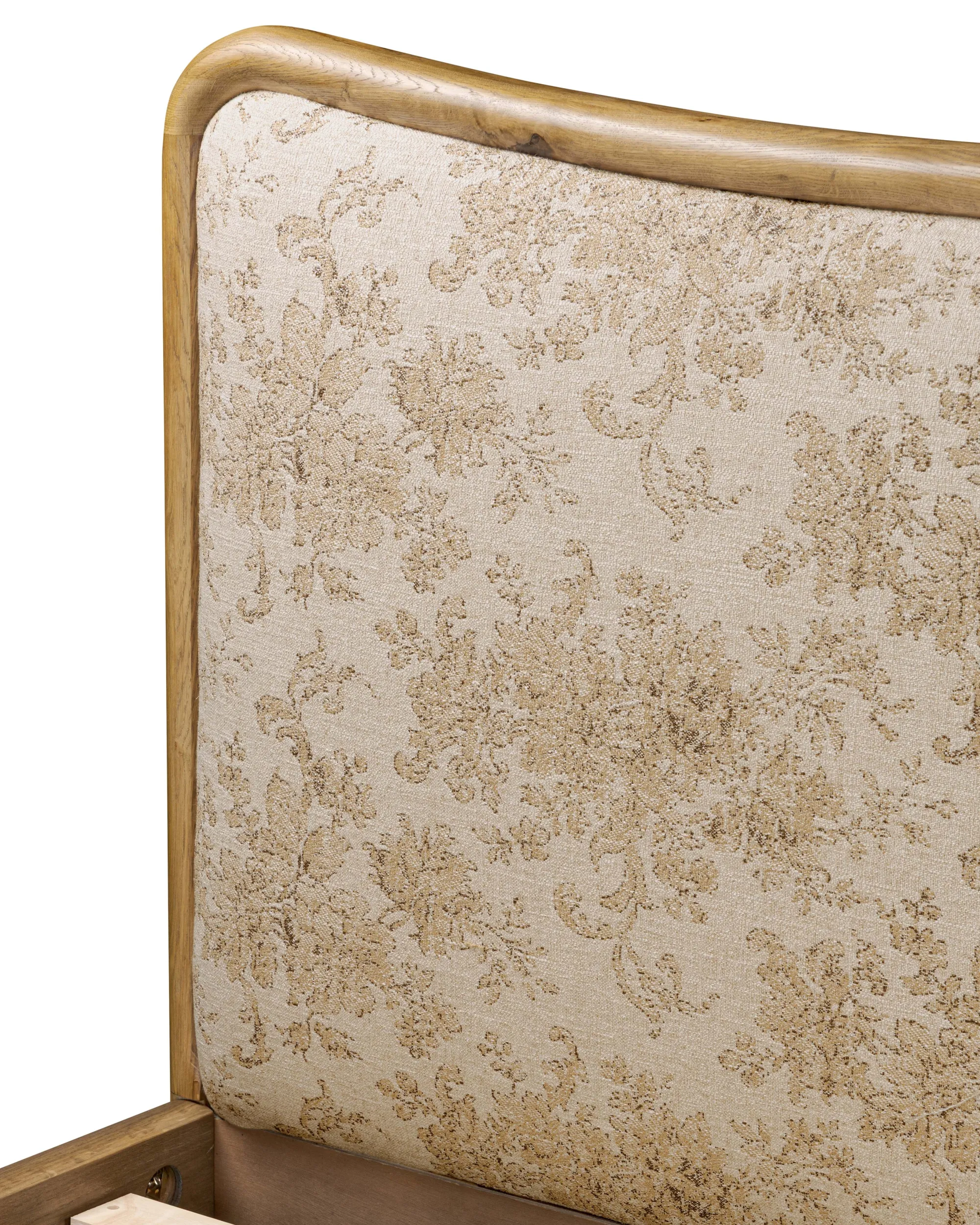 VND6200 Four Hands, LLC Kennie Upholstered Bed Frame with Carved Solid Oak and Linen Headboard