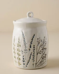 VND0164 Creative Co-op Inc Pressed Floral Ceramic Canister
