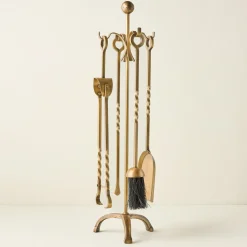 VND0164 Creative Co-op Inc Twisted Antique Brass Fireplace Tool Set