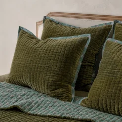 Magnolia Winter Moss Audrey Velvet Block Print Quilt + Sham Set (Queen)