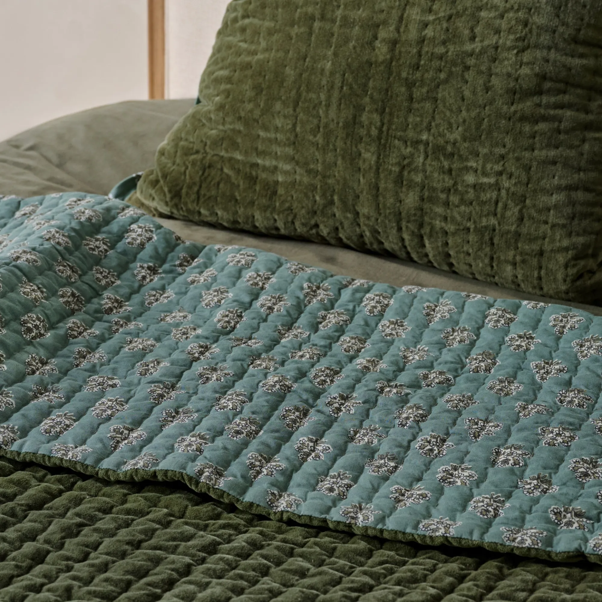 Magnolia Winter Moss Audrey Velvet Block Print Quilt + Sham Set (Queen)