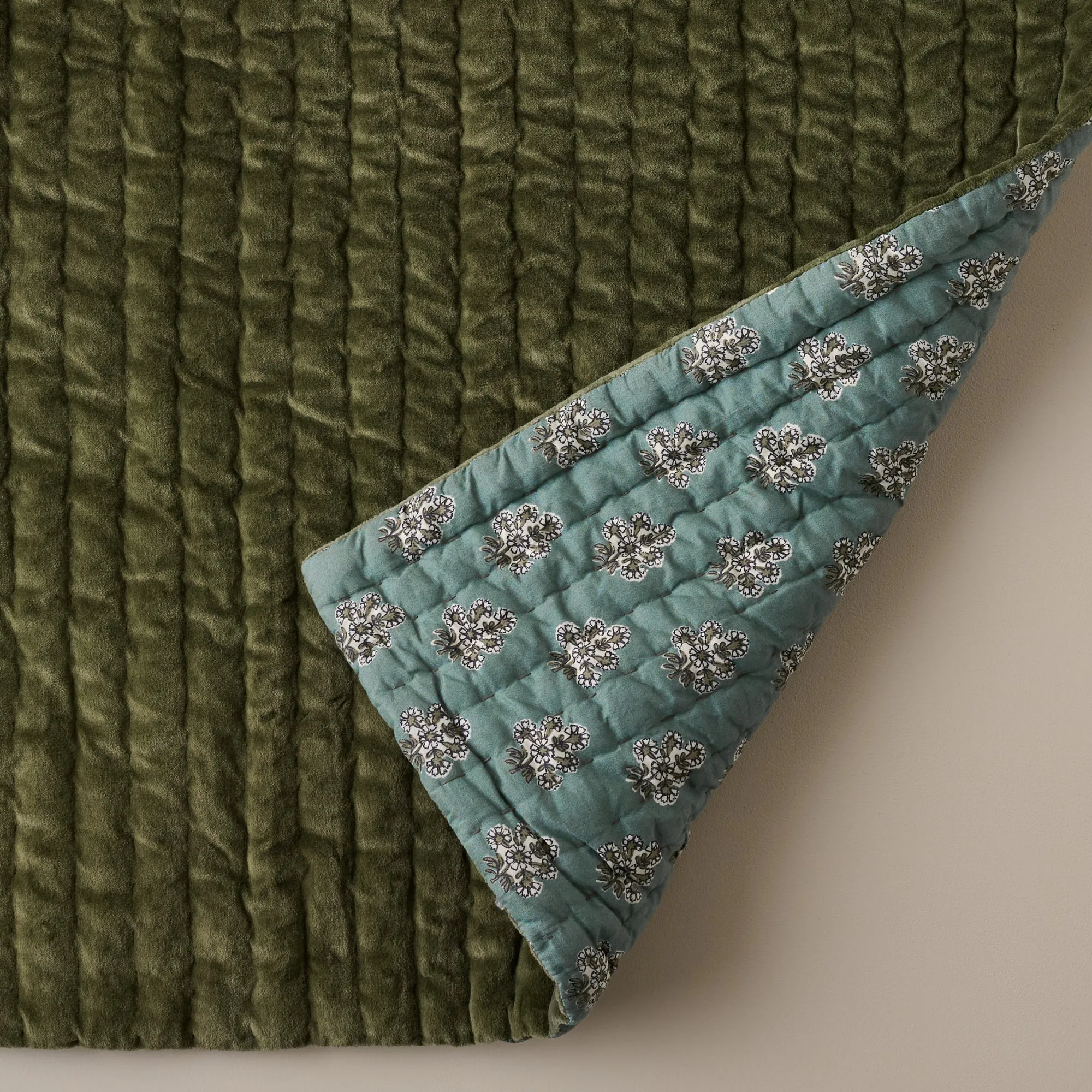 Magnolia Winter Moss Audrey Velvet Block Print Quilt + Sham Set (Queen)